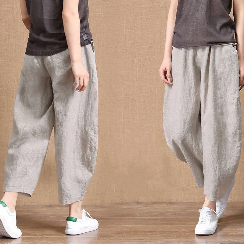 2025 Summer New Cotton Linen Long Pants for Women Loose Plus Size Wide Leg Pants High Waist Versatile Floor-Length Linen Pants rib  flares cutbray