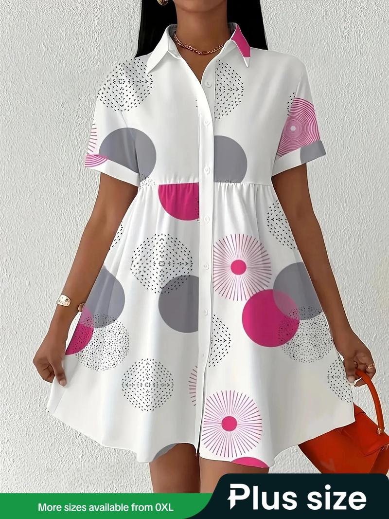Product Introduction of 【Plus Size】 All Over Print Shirt Dress, Casual Short Sleeve Collared Dress for Summer, Women's Clothes for Daily Wear 1