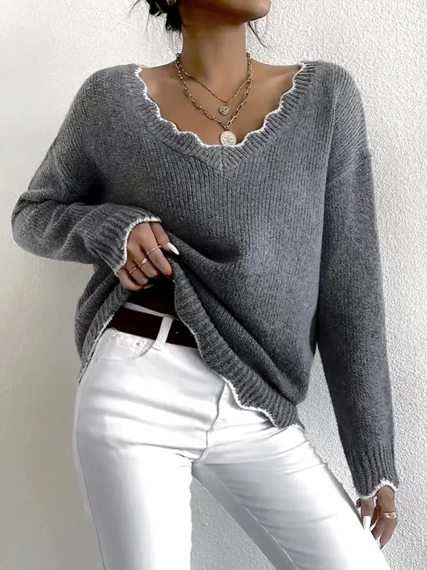 Women's Scallop Trim Drop Shoulder Sweater, Casual Long Sleeve V Neck Jumper for Fall & Winter, Comfy Fall Outfits for Women 2