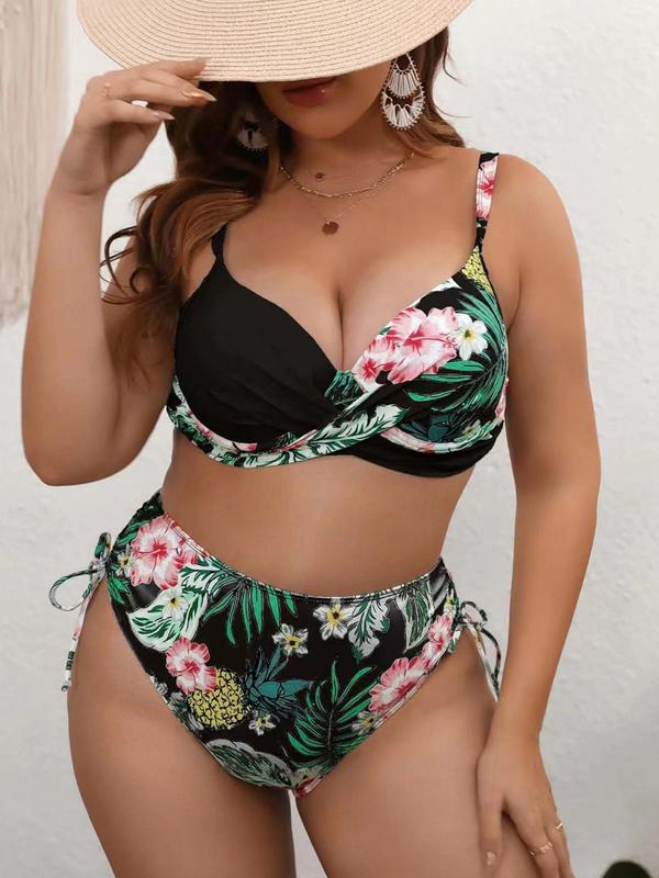 Summer 2024 Plus Tropical Print Wrap Swim Top & Tie Side Swim Panty Curve Bikini Set, New Boho Push Up Swim Top & High Waist Swim Bottom Swimsuit Sets Beach Vacation, Plus Size Bathing Suits For All Seasons, Spring Fashion for Women 6