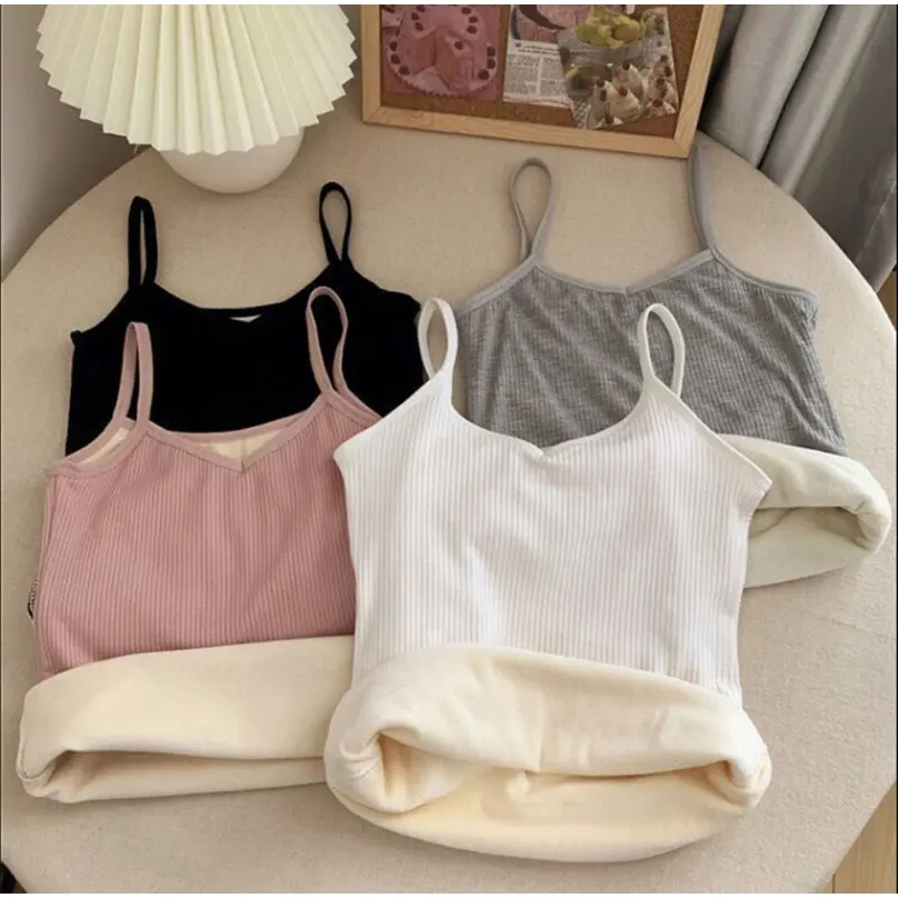 1Pc Vest Top Bottoming Sleeveless Women Velvet Vest  Plush Winter Thickened Solid Color Thermal Warm Best Underwear