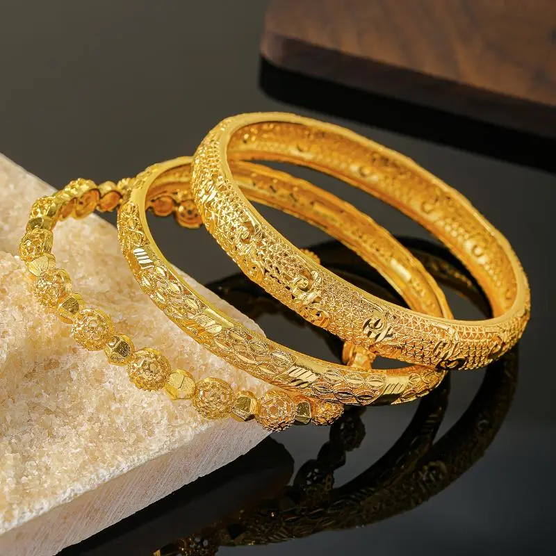 3pcs set of Middle East Dubai jewelry for brides, luxurious national style Golden-plated bracelets, African Ethiopian Women's wedding bracelet sets suitable daily wear by women, all-season accessories delicate gift 2