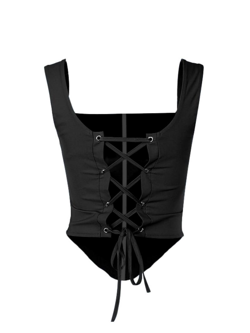 Product Introduction of Women's Solid Lace Up Asymmetrical Crop Tank Top, Casual Backless Square Neck Crop Top, Ladies Clothes for Daily Wear 2