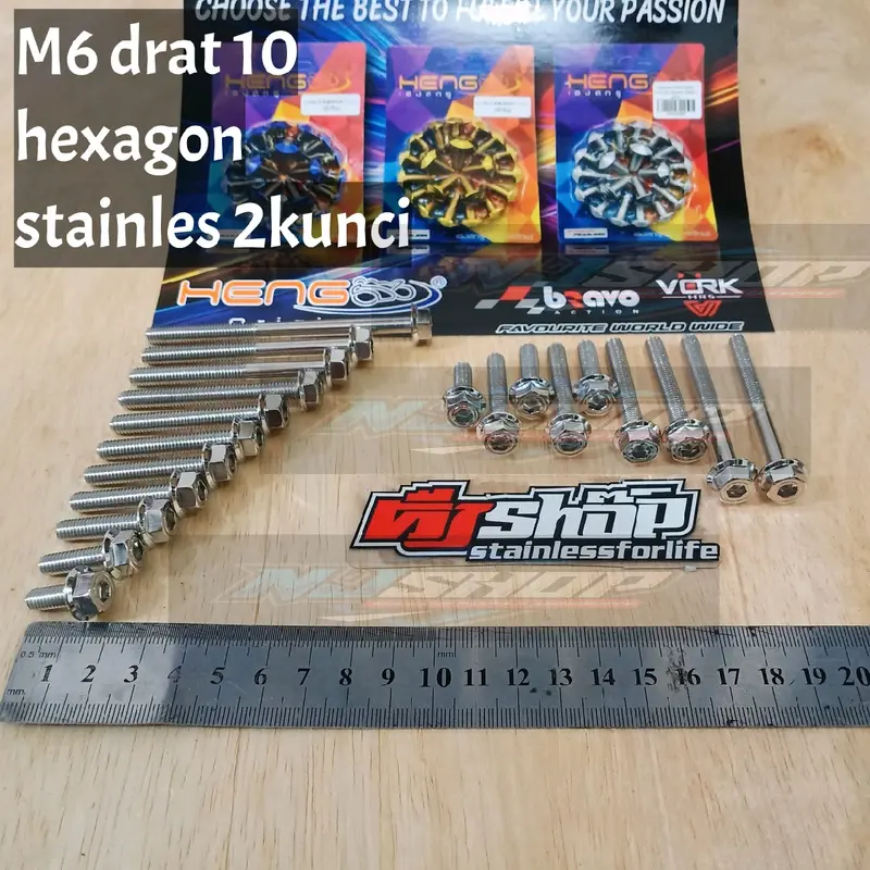 harga satuan baut probolt m6 drat 10 hexagon 2 kunci heng original harga satuan m6 x 15 20 25-110 mm  Motorcycle hexagon heng original stainless 2kunci. drat 10 panjang 1,5cm 12cm 0