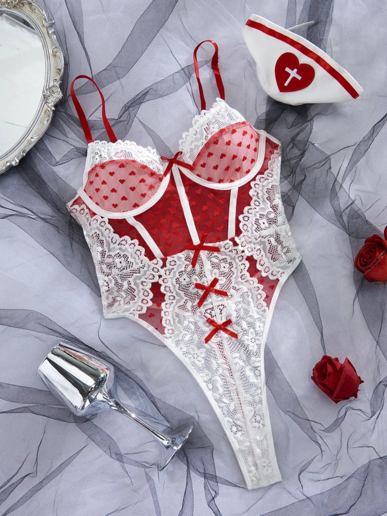 Women's Heart Embroidery Bowknot Decor Sexy Lace Lingerie Set, Naughty Lingerie, Contrast Mesh Cami Bodysuit & Nurse Hat Nurse Cosplay Costume Set, Ladies Sexy Wear, Naughty Lingerie