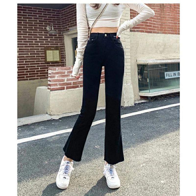 < BIGSIZE 39-95kg> Quần Jean Giấy Skinny Nữ Ống Loe Đen Trơn, Co Giãn 4 chiều Women