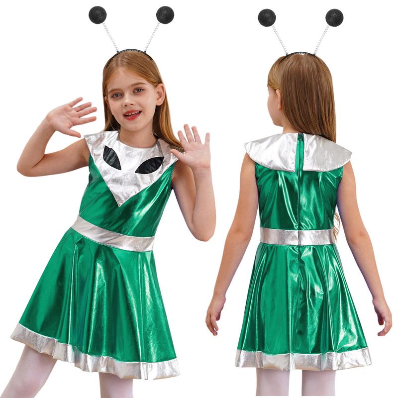 TiaoBug 2Pcs Girls Alien Space Outfit Metallic Sleeveless Dance Dress Astronauts Cosplay Costume 6