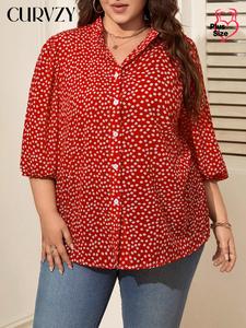 CURVZY Plus Size Ditsy Floral Print Button Front Shirt, Casual 3/4 Sleeve Top for Spring & Fall, Women's Clothes for Daily Wear