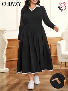 CURVZY Plus Size Colorblock Pleated Collared A Line Dress, Casual Long Sleeve Pocket Dress for Daily Outdoor Wear, Women Clothing for All Seasons
