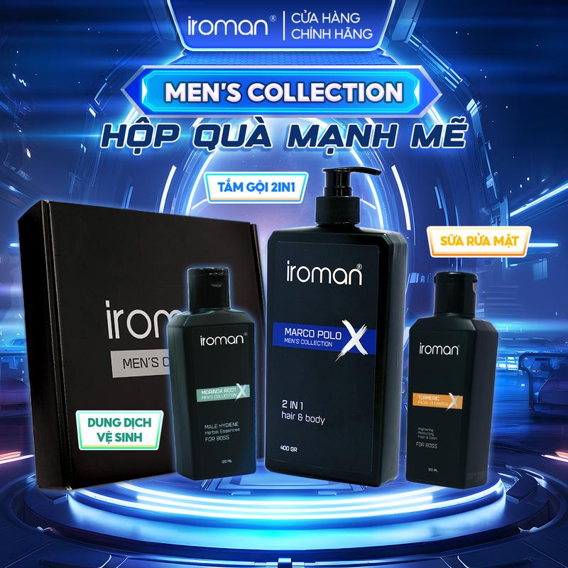 Hộp Quà Mạnh Mẽ IROMAN Tắm Gội 2in1 400G+Sữa Rữa Mặt Chiết Xuất Nghệ 120G+Tinh Chất Thảo Dược Vệ Sinh 120G Dành Cho Nam
