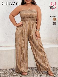 CURVZY Plus Size Ethnic Pattern Shirred Tube Jumpsuit, Boho Strapless Frill Wide Leg Jumpsuit for Daily Wear, Women's Plus Clothing For Summer