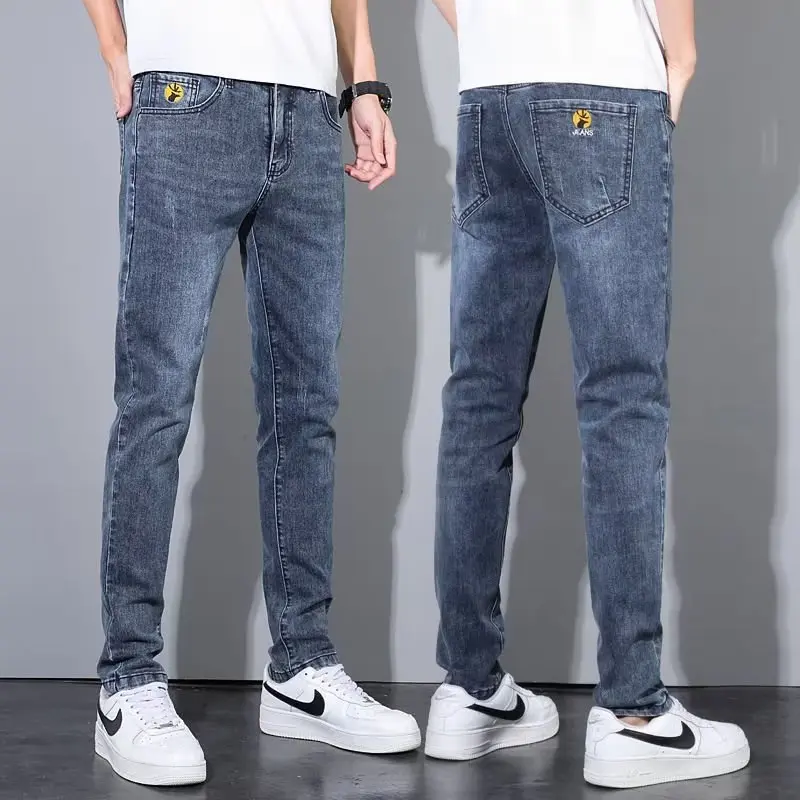 Jeans Men's Slim-Fit High Waist Figure Flattering Casual Spring and Autumn Ankle-Length Pants Son High Street Korean Fashion