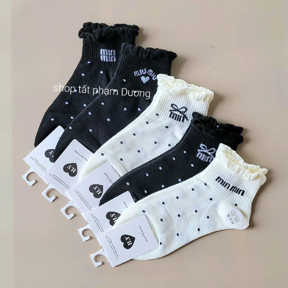 [COMBO 5 ĐÔI] Tất nữ cổ ngắn chấm bi và thêu chữ MINMIN  Voi- Sản phẩm tất cổ ngắn với thiết kế độc đáo - Women, Nhung