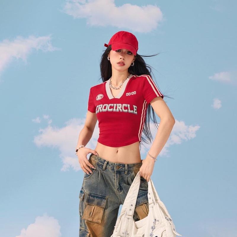 American Retro Letter Print V-neck Short Sleeve T-shirt Women Y2K  Crop Top 0