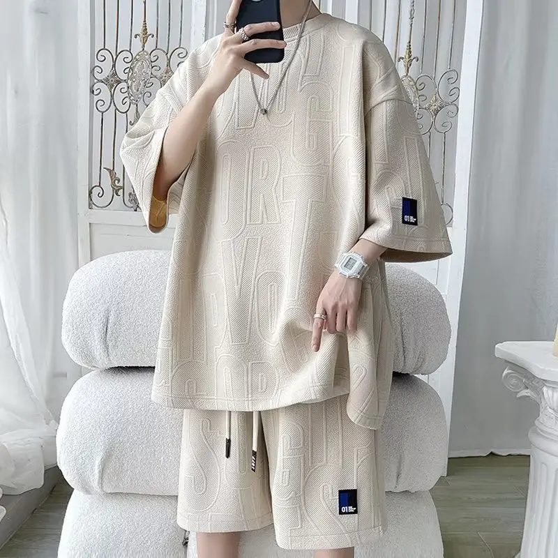 Bộ đồ nam nữ chất liệu cotton xốp dày dặn vân chữ dáng thụng set