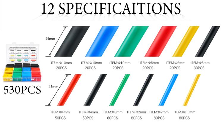 Product Introduction of Spot Goods COD 530-580pcs Heat Shrink Tube 2:1 Thermoresistant Tubing Heat Shrink Wrapping Kit Electrical  Wire Cable Insulation Sleeving 1 Set 2