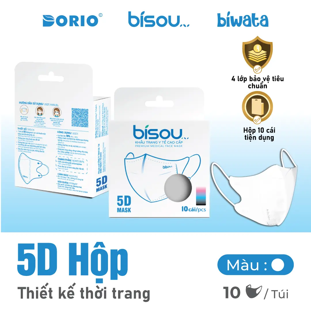 Hộp 10 khẩu trang cao cấp 5D BISOU, loại 4 lớp, màu sắc đa dạng Phụ Kiện