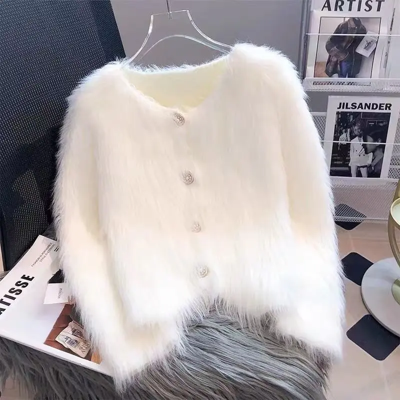 Áo Khoác Len Cardigan Dệt Kim, Len Như Lông Chồn, Dành Cho Nữ, Mùa Thu Và Mùa Đông, Dày Dặn, Hàng Mới Về 2024, Ngắn, Ngọt Ngào, Hàng Châu Âu, Mềm Mại Và Nếp Women