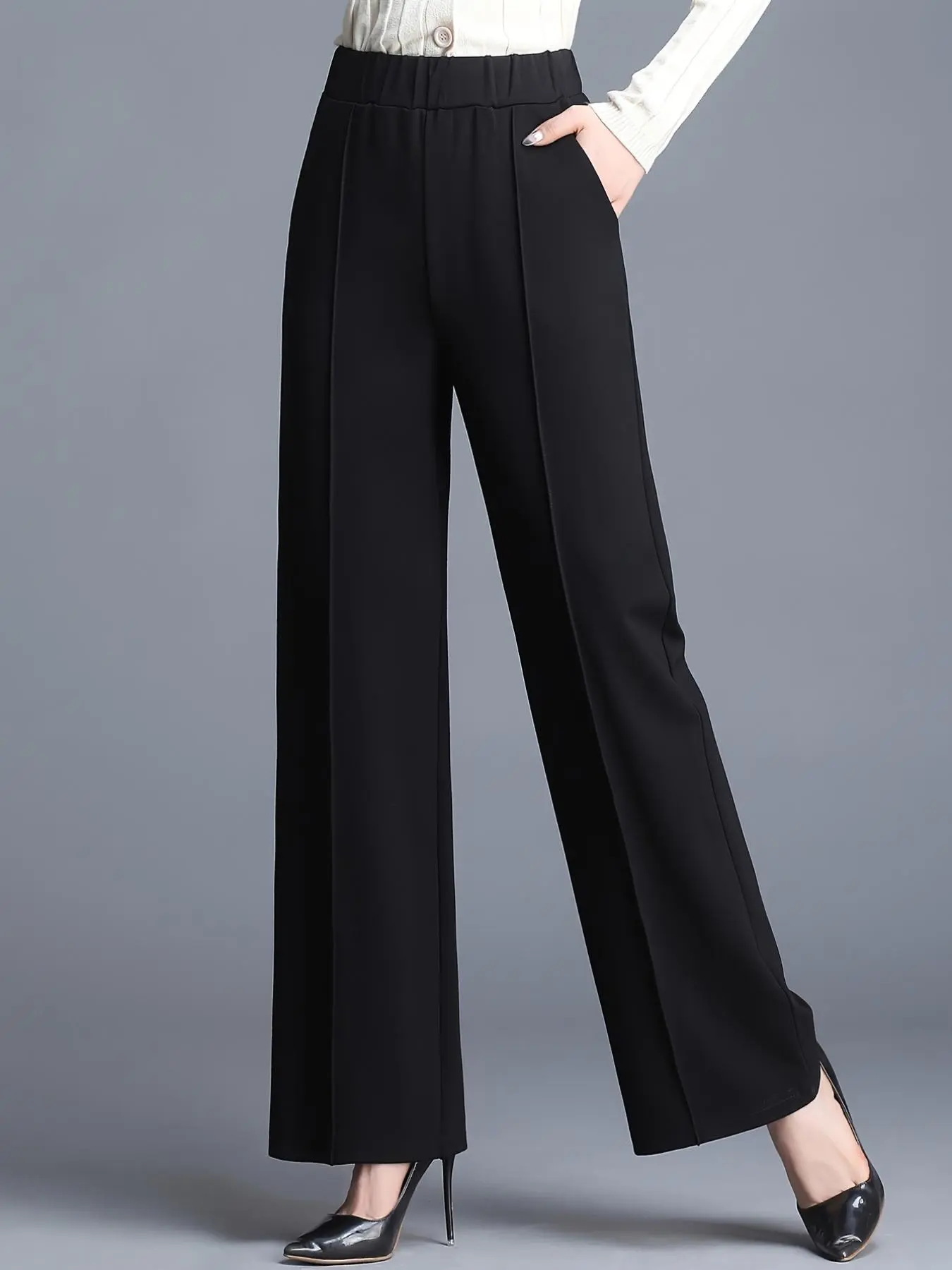 Women's Solid Pocket Elastic Waist Straight Leg Pants, Casual Comfy Trousers for Work Office Business Daily Wear, Ladies Bottoms for All Seasons