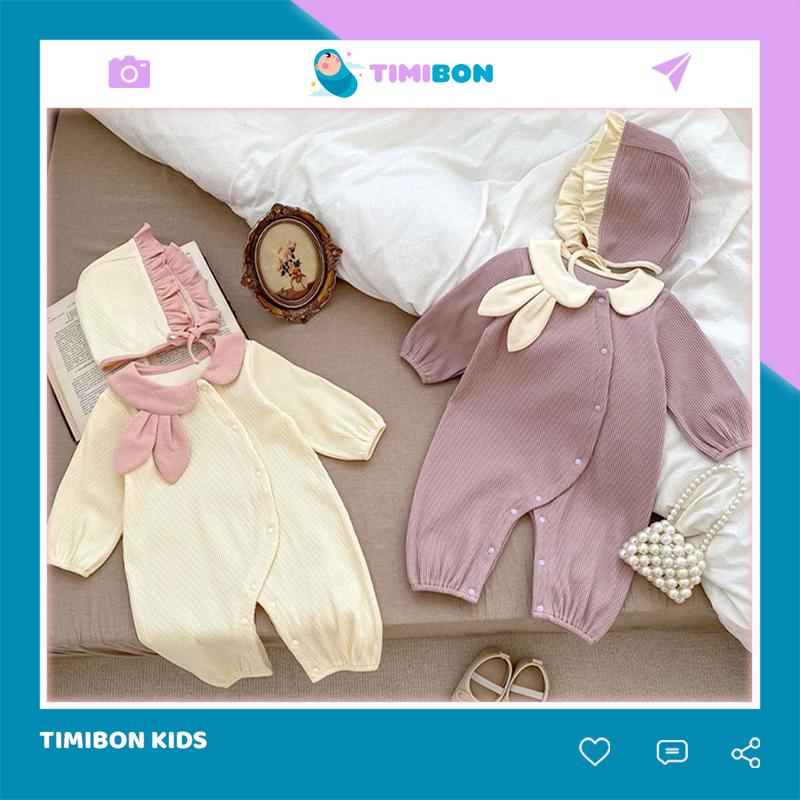 Tặng Kèm Mũ Sét Body Tiểu Thư Đầy Tháng Thôi Nôi Thun Gân Cổ Tai Thỏ Kèm Mũ Cho Bé Gái Len - BDD43