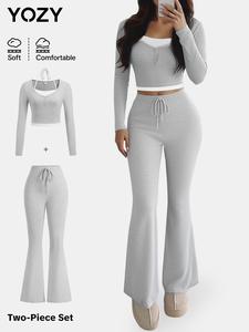 YOZY Women's 2 in 1 Halter Crop Tee & Flare Leg Pants Set, Casual Tie Back Top & Bell Bottom Trousers for Daily Wear, Ladies Two-piece Outfits for All Seasons