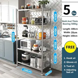 Rak Dapur Stainless Steel /Rak Susun 5 tingkat/ Rak UntukPenyimpanan Peralatan Dapur Rak Penyimpanan Dapur Stainless Steel Rak Penyimpanan Multifungsi Rak Microwave Oven - 5  layer-100_35_160