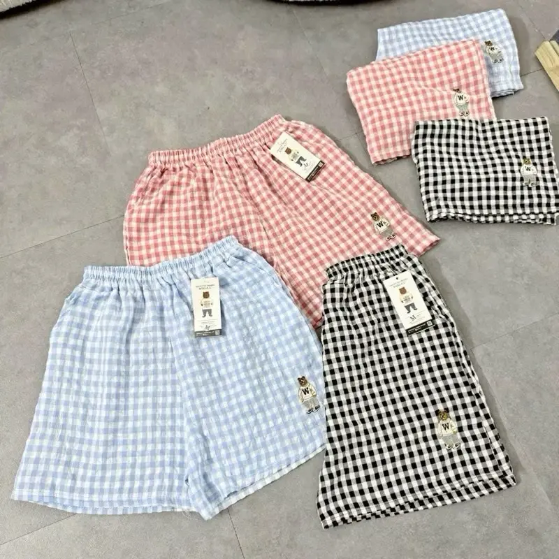 Set 3 quần đùi nữ chất đũi mát lịm, quần đùi caro thêu hoạ tiết gấu nhỏ xinh, cạp chun co giãn dễ mặc MAS STORE< 65kg