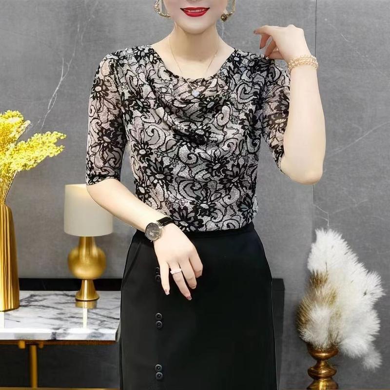 Áo Lớp Nền In Cao Cấp Mùa Hè, Áo Sơ Mi Lưới Co Giãn Phong Cách Phương Tây Của Mẹ, Ngoại Cỡ, Dáng Rộng Vừa Vặn, Có Túi, Cổ Bẻ, Bó Sát, Thanh Lịch, Năm 2024 Nữ Women 2
