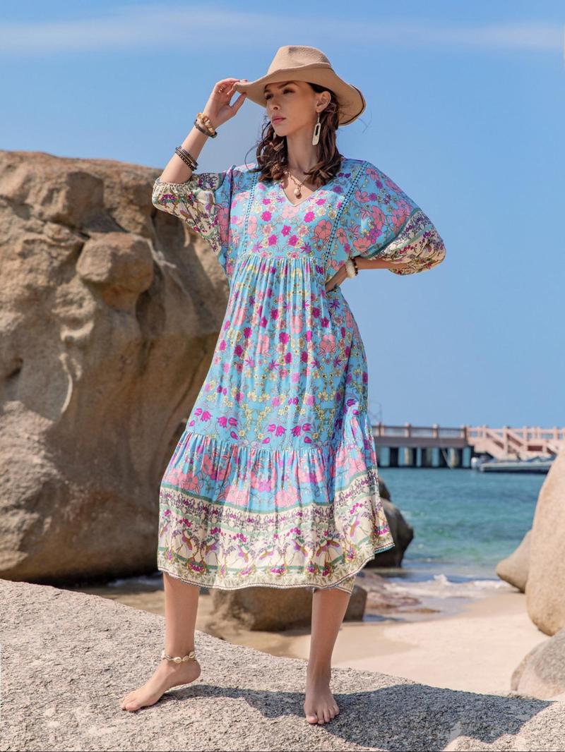 Product Introduction of Women's Floral Print V Neck Dress, Boho Fashion Half Sleeve Dress for Beach Holiday Vacation, Ladies Dress for Summer 4