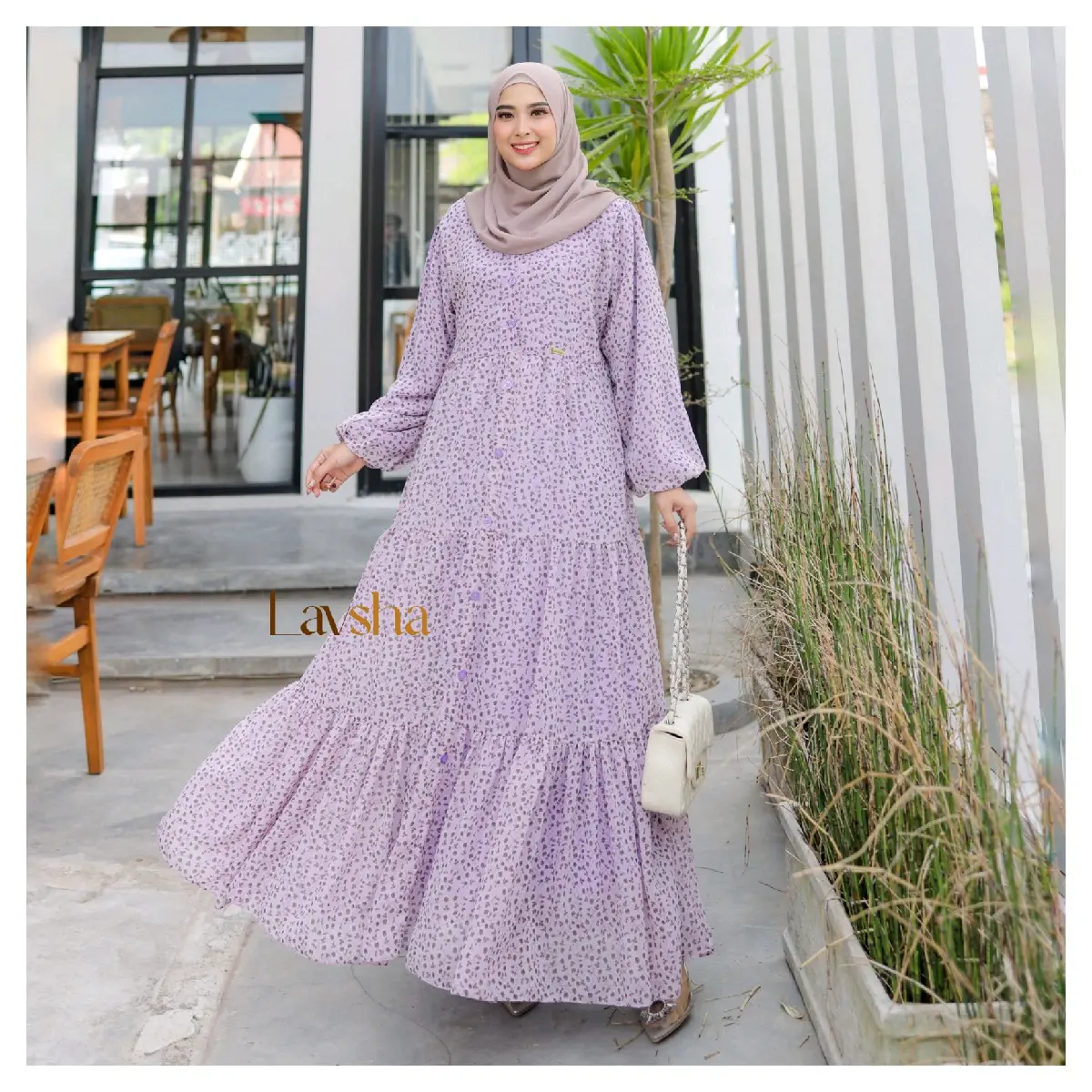 Naira Dress Jumbo (Ld 120cm dan Ld 130cm) Gamis Wanita Muslim Motif Bunga Bahan Ceruty Babydoll Busui Tali Pinggang Tangan Balon