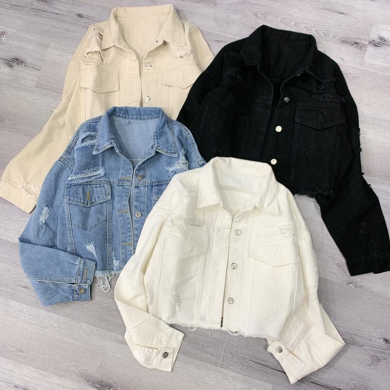 nhatran - Áo khoác jean nữ croptop ngắn tay dài Top Jacket Kem Nhung Women Phom Rách