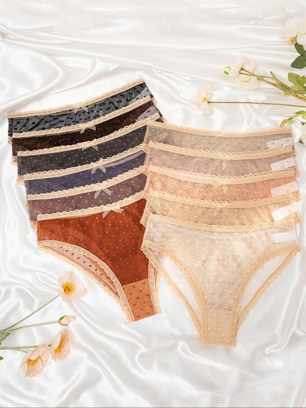 Women's Cute Heart Print Bow Front Contrast Lace Scallop Trim Knicker, Soft Comfy Breathable Cozy Contrast Mesh Panty for Daily Wear, Underwear for All Seasons 2