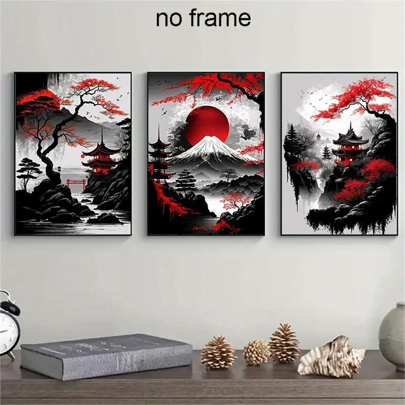 Japanese Landscape Pattern Canvas Painting without Frame, 3pcs/set Waterproof Wall Hanging Decoration Poster Painting for Living Room Bedroom 3