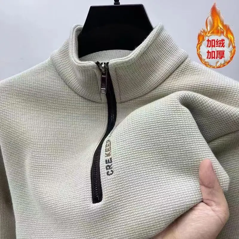 Áo Nỉ Lông Cừu Dây Kéo Một Nửa, Hàng Mới Về, Dày Dặn, Áo Thun Nam Thường Ngày Ấm Áp Mùa Đông, Dài Tay, Cổ Chân Đế Áo Sơ Mi Cơ Sở, Thích Hợp Cho Nam Menswear Hoodie