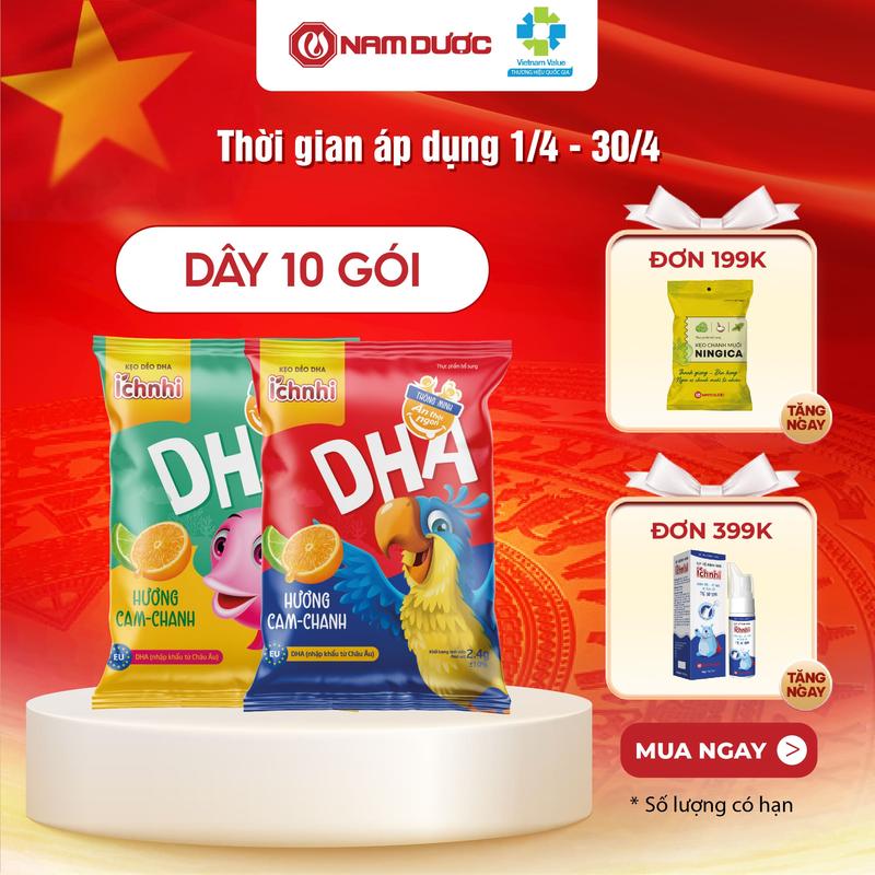 Kẹo dẻo DHA Ích Nhi phát triển trí não, tăng cường thị lực, giảm mỏi mắt cho bé, hương trái cây, dây 10 gói x 24g Vitamin