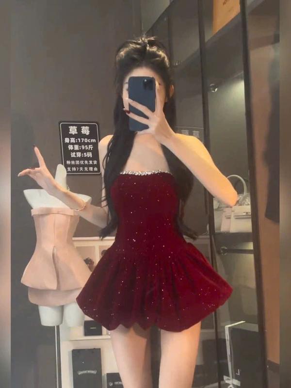  Set váy nhung kim sa cúp ngực bồng xòe viền đá kèm quần bling sang chảnh- LUMIE dress 