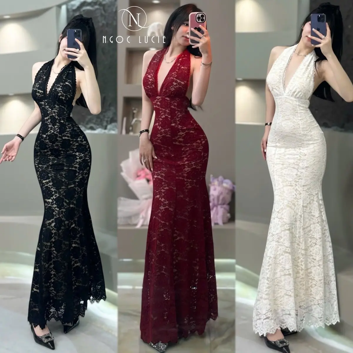D844 - Đầm Body Cổ Yếm Ren Hở Lưng Đuôi Cá Đi Tiệc - Ngọc Lucie Nữ Women Nữ Women Dress Đen