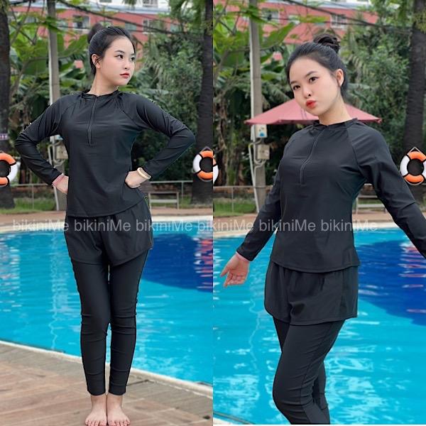 Đồ bơi nữ quần dài, 2 mảnh kín đáo áo tay dài dây kéo quần dài 2 lớp che nắng thể thao R24 Thun