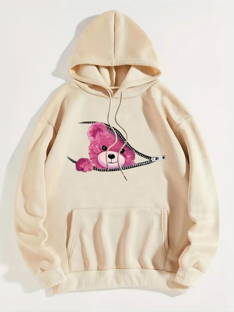 Product Introduction of Women's Bear Print Thermal Lined  Hoodie, Fashion Casual Drawstring Pocket Hooded Sweatshirt for Daily Holiday Outdoor Wear, Women Clothing for Fall & Winter 7
