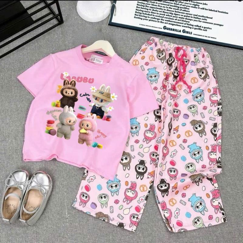 Bộ Đồ LABUBU Quần Ống Xuông In Hình 5D Dễ Thương Dành Cho Bé Gái 9-45 kg Chất Liệu Mềm Mại Thoáng Mát