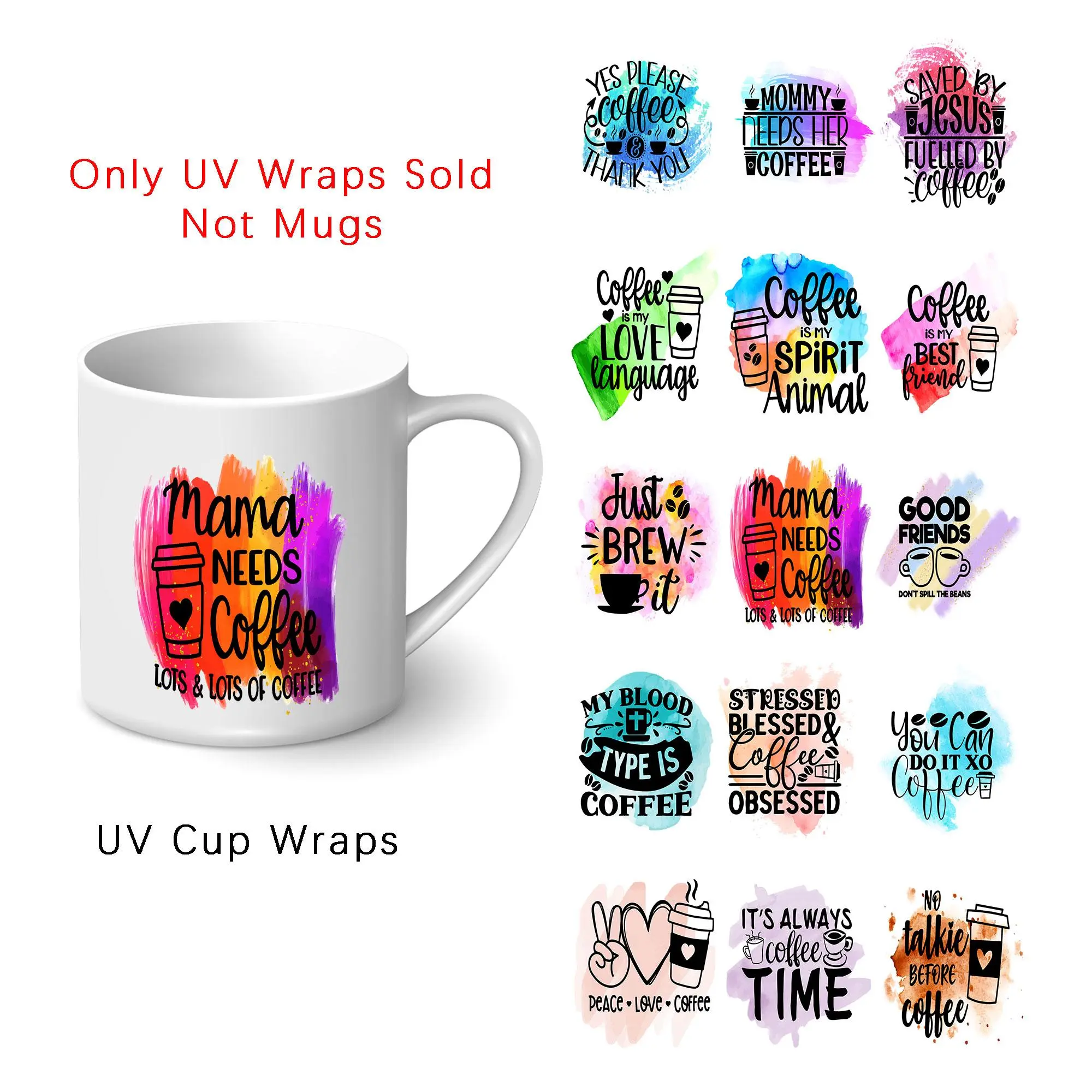 Coffee Mug Sublimation Funny Saying Design UV DTF Mug Wraps Decals, 5 Counts Waterproof Self-adhesive Stickers for Mug Water Bottle Cup, Dtf Transfer Sticker for 11oz Ceramics Mug Wrap