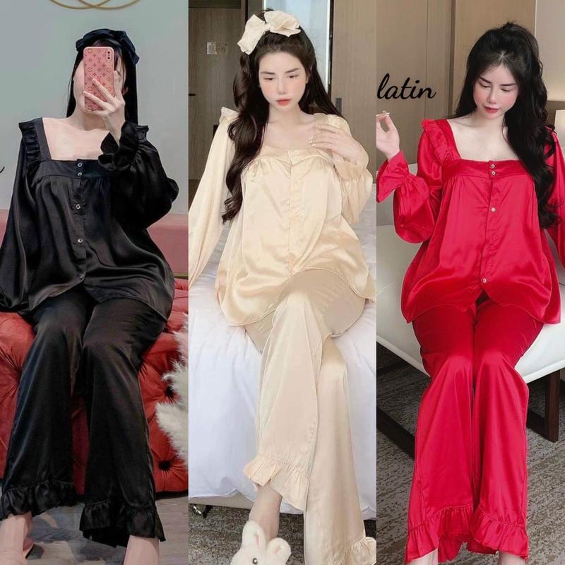 Đồ bộ tay dài tiểu thư lụa latin thiết kế mới đơn giản dể thương , đồ bộ nữ mặc nhà thoải mái , pijama nữ lụa mịn mát , size dưới 60kg , đồ bộ pizama tay dài