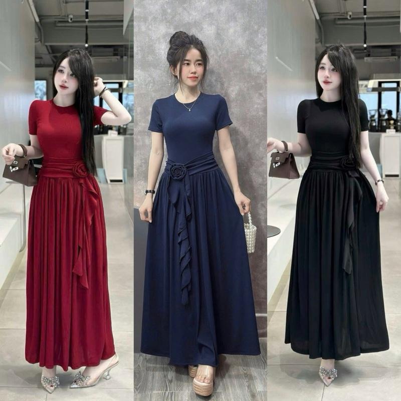 Đầm xoè hoa hồng tay ngắn tiểu thư xinh xắn D11