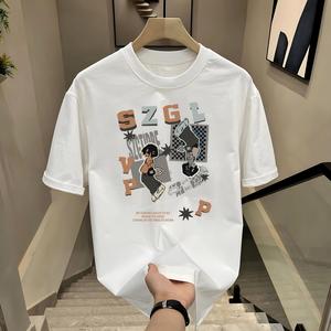 ผ้าฝ้ายคอกลมแขนสั้นเสื ้อยืดผู้ชายเทรนด์ภาษาอ ังกฤษพิมพ์ฤดูร้อนด้านบ หลวมพร้อมเสื้อยืดขนาด