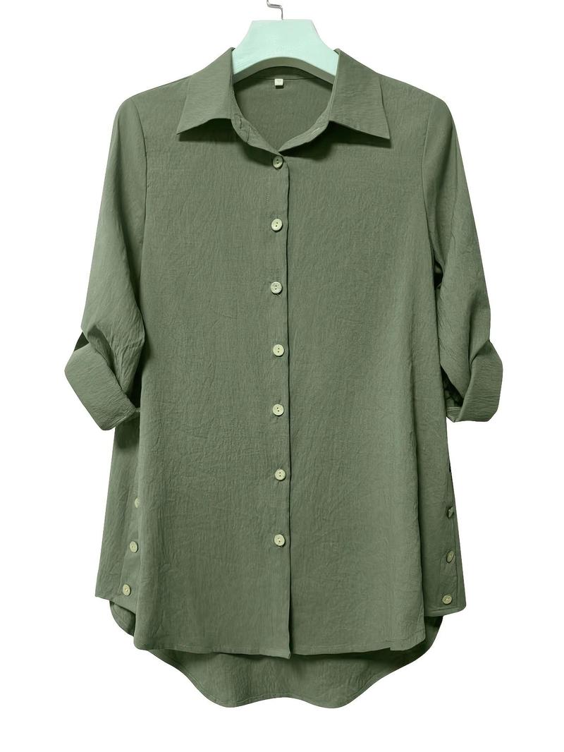 Product Introduction of Women's Plain Collared Button Front Shirt, Casual Elegant Long Sleeve Shirt for Daily Wear, Ladies Clothes for All Seasons 3