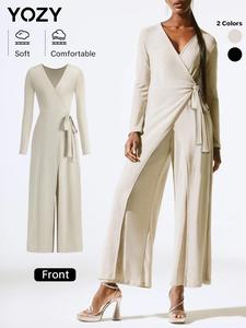 YOZY Women's Solid Wrap Knot Side Ribbed Wide Leg Jumpsuit, Casual Long Sleeve V Neck Jumpsuit for Daily Wear, Ladies Clothes for Spring & Fall