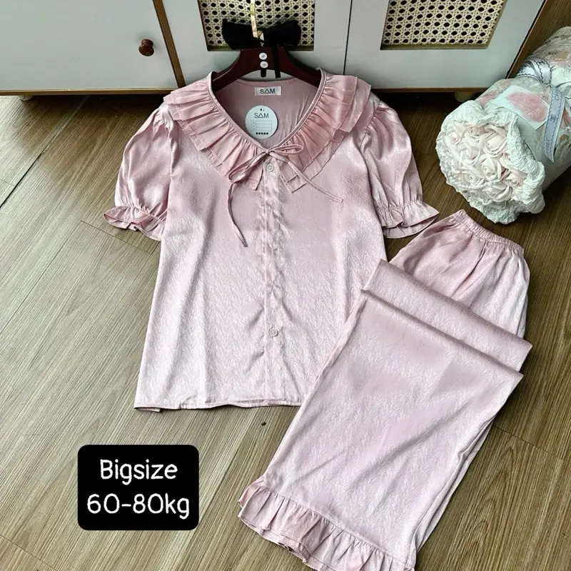 (Bigsize 60-80kg) Bộ tiểu thư cổ bèo màu trơn phối voan chất lụa xước tay ngắn quần dài Nữ Nhung Nho Áo  Quần Ngủ Pijama  Voi Áo Ngủ 3
