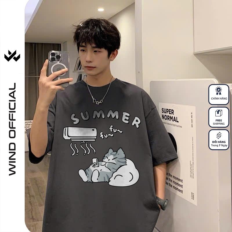Áo thun tay lỡ WIND unisex form rộng Cat Sleep 65% cotton thời trang nam nữ oversize ulzzang Menswear Cổ Tròn 0