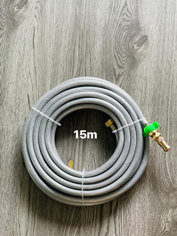 Bộ dây xám 15m xịt rửa xe , tưới cây, dây nhựa dẻo phi 14mm đầu cấp nước gắn tán đồng thau ren trong 21, + đầu vòi chất liệu đồng thau voi phun tuoi