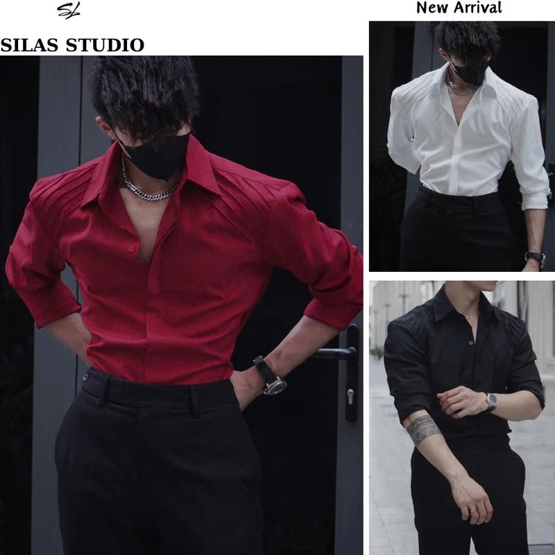 Form Tôn Vai Áo Sơ mi Trơn SILAS Ver3 Thiết Kế Vai Xếp Ly Cotton Chéo Menswear Form Rộng Tôn Vai Giấu Cúc Nam - ASL49